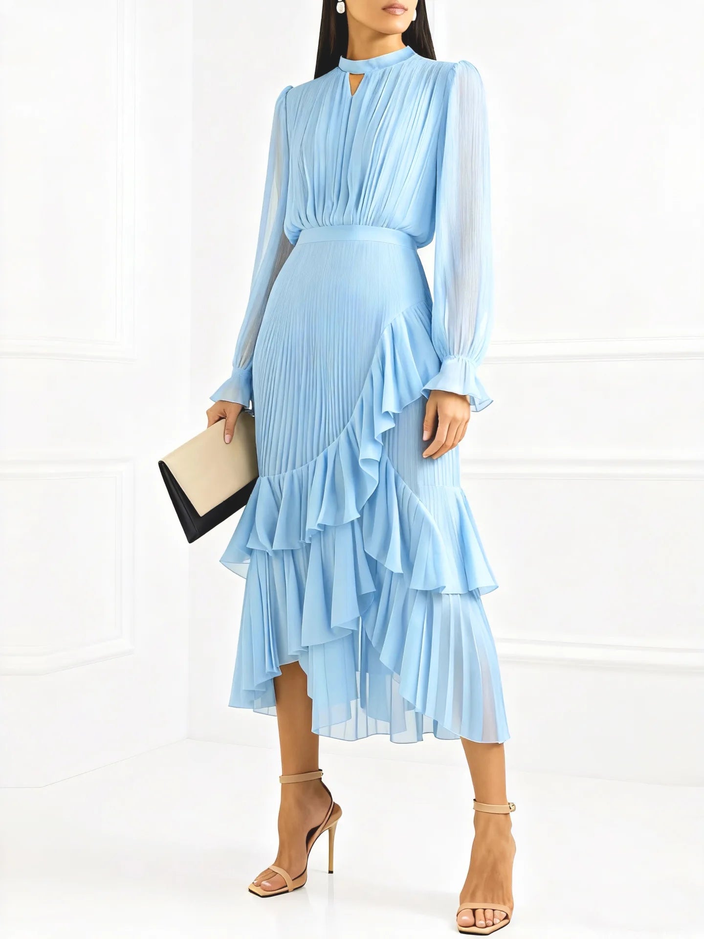 Ruffle Long Sleeve Layered A-Line Dress - Chic Spring Summer Pleated Gown - SalmanStore 