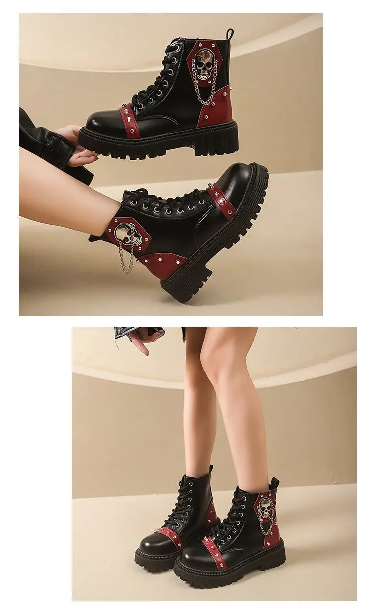Women's Punk Ankle Boots - Platform Buckle Lace-Up Block Heel Shoes - JStorehub 