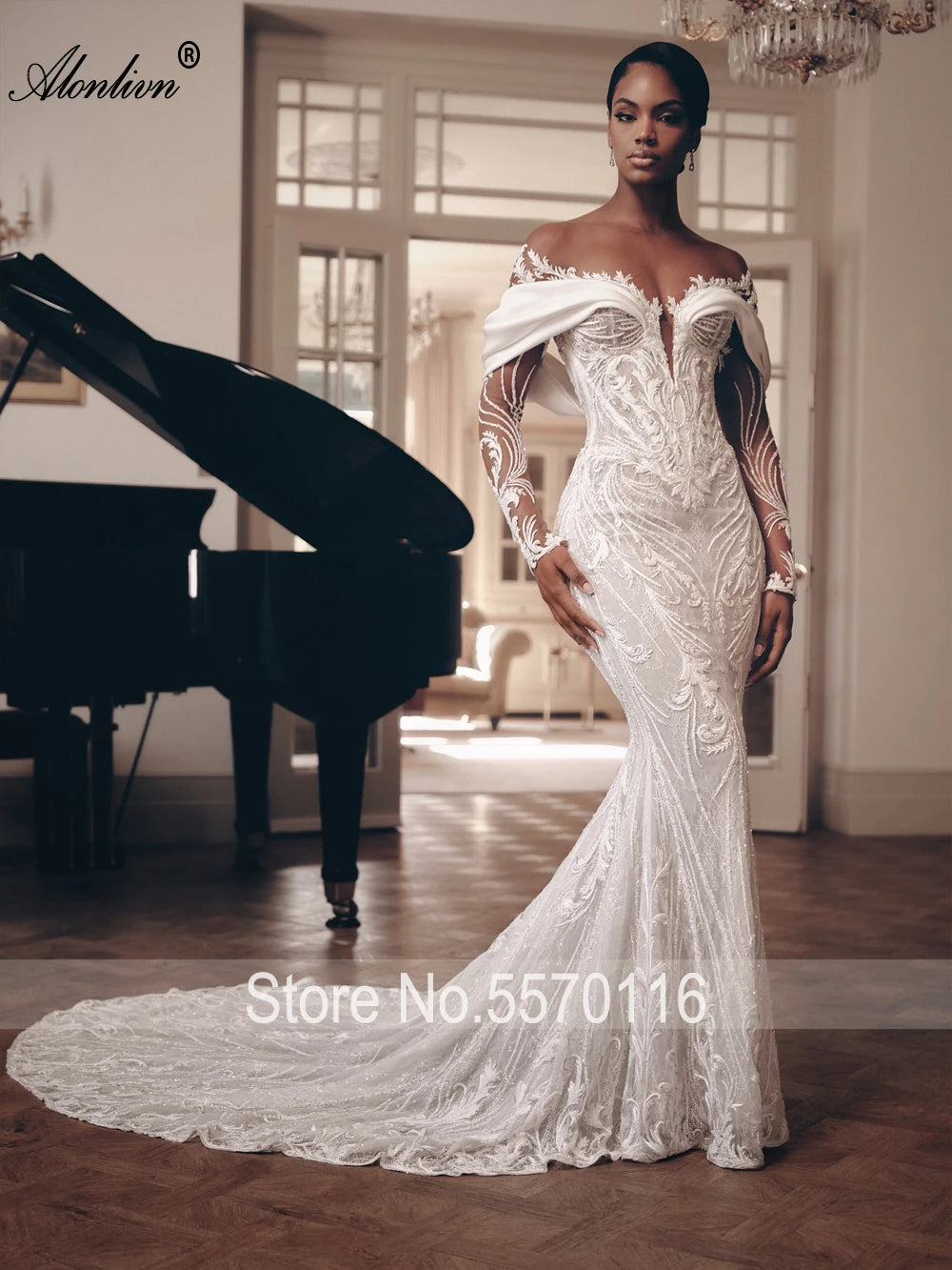 Luxury 2-in-1 Lace Mermaid Wedding Dress - Beading Illusion Neck Bridal Gown - JStorehub 