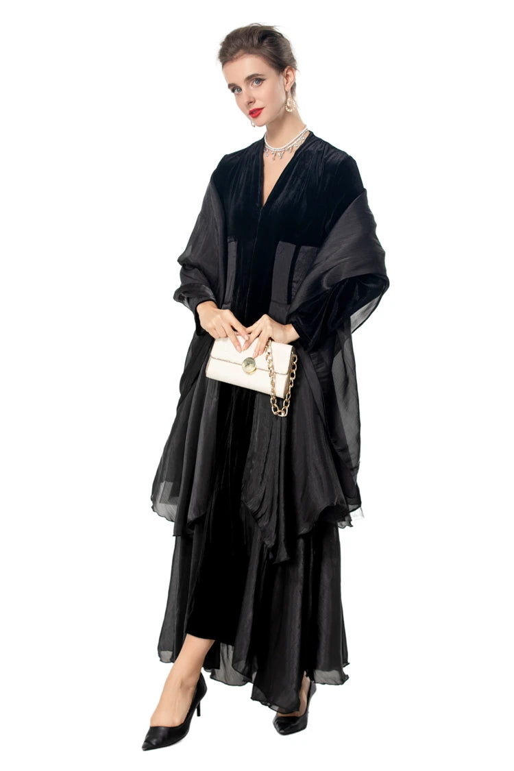 Women's Dresses Sexy V Neck Long Sleeves Velvet Patchwork Ruffles Elegant Fashion Designer Party Prom Gown - SalmanStore 