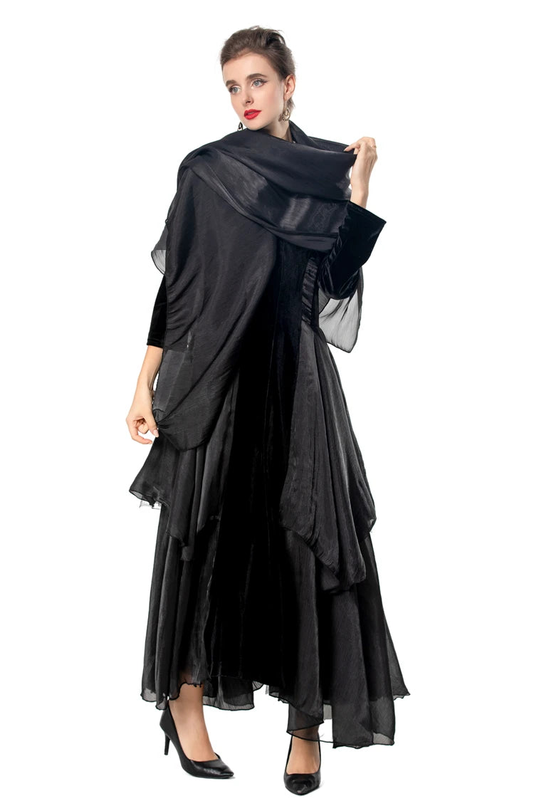 Women's Dresses Sexy V Neck Long Sleeves Velvet Patchwork Ruffles Elegant Fashion Designer Party Prom Gown - SalmanStore 