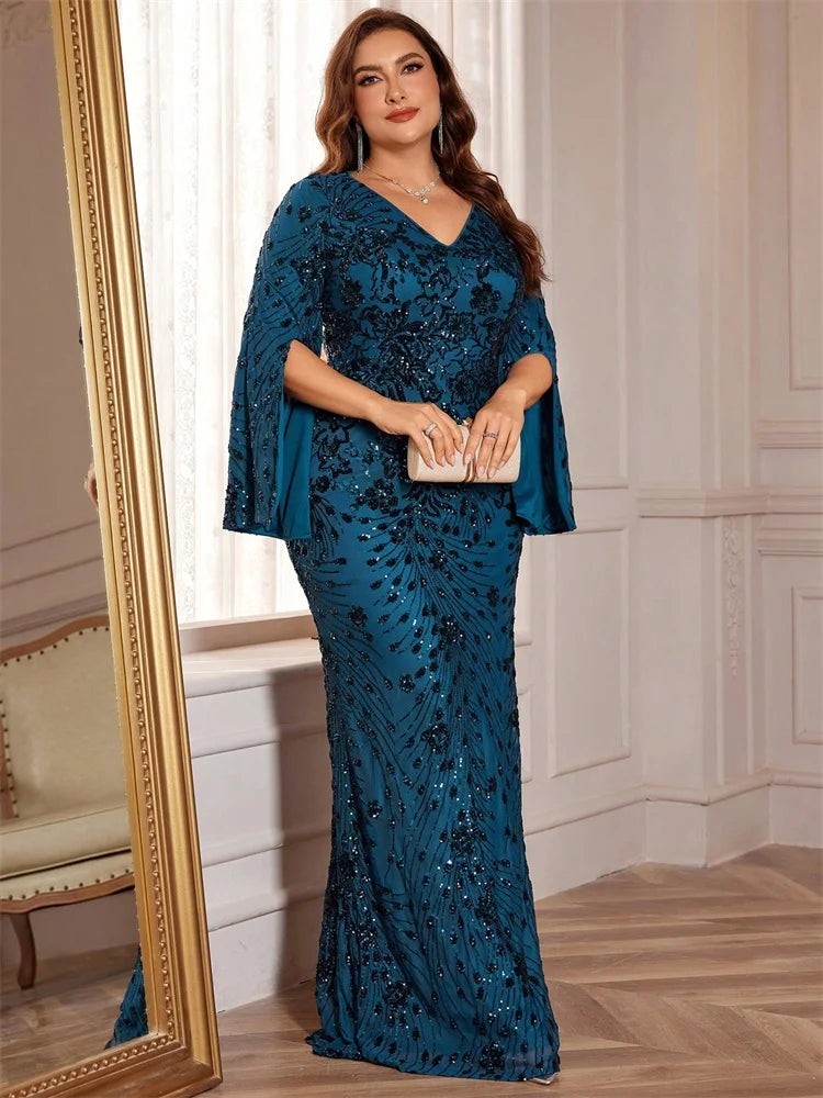 Plus Size Gold Sequin Mermaid Evening Dress - Long Sleeve Formal Prom Gown - SalmanStore 
