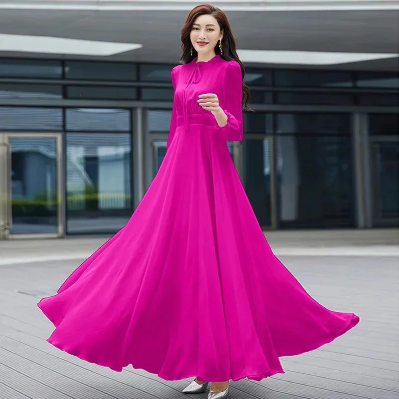 2026 Bohemian Beach Long Chiffon Dress - Elegant Long Sleeve 4XL