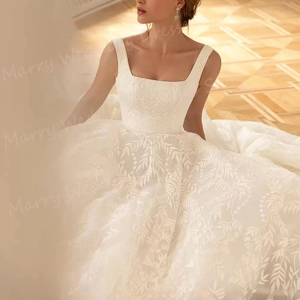 Elegant A-Line Wedding Dress with Detachable Long Sleeves - Backless Lace Applique Bridal Gown - JStorehub 