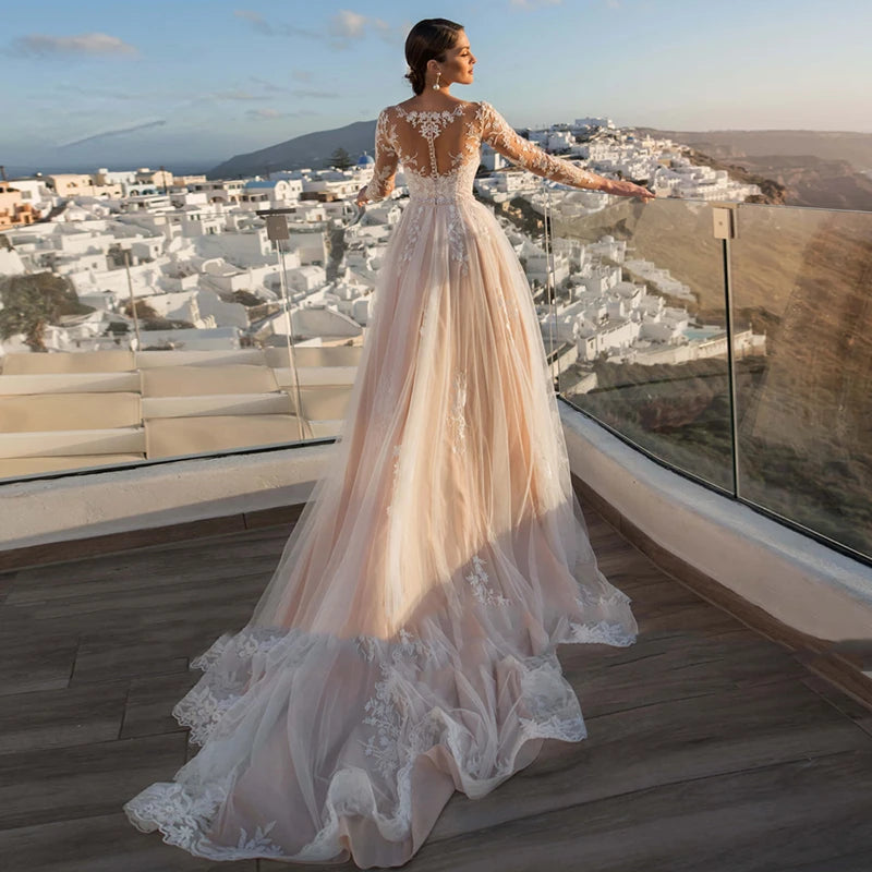 Gorgeous Detachable 2-in-1 Wedding Dress - Embroidered Lace with Train & Full Sleeves - JStorehub 