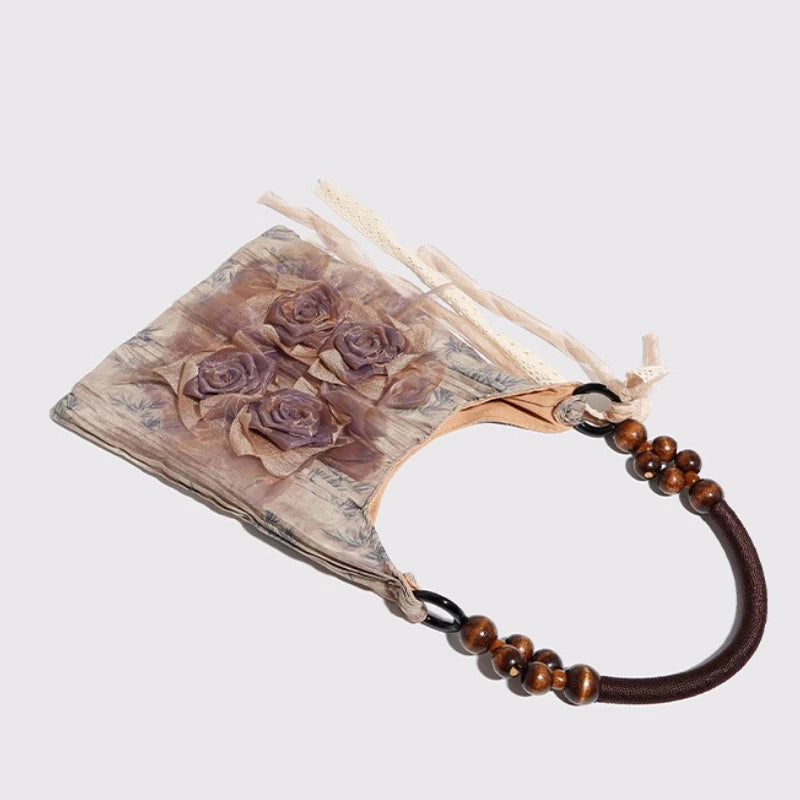Chinese Style Rose Decor Shoulder Bag - Classic Pleated Commuter Tote Bag - JStorehub 