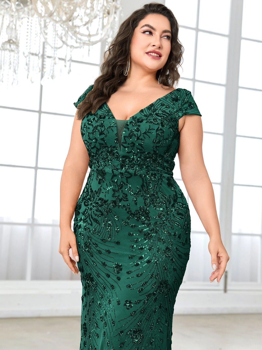 Plus Size Blue Sequin Mermaid Evening Dress - Long V-Neck Formal Prom Gown