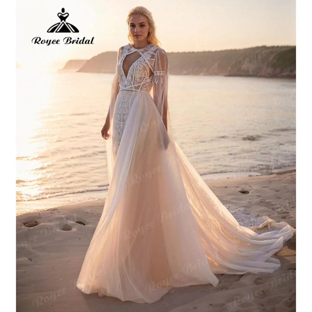 Hippie Flowy Lace Boho Wedding Dress with Cape - Backless Bohemian Bridal Gown - JStorehub 