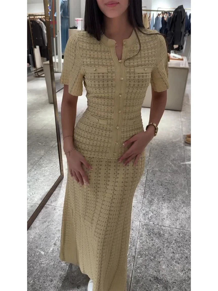 Solid Knit Hollow Out Maxi Dress for Women - Short Sleeve Bodycon Dress 2026 - JStorehub 