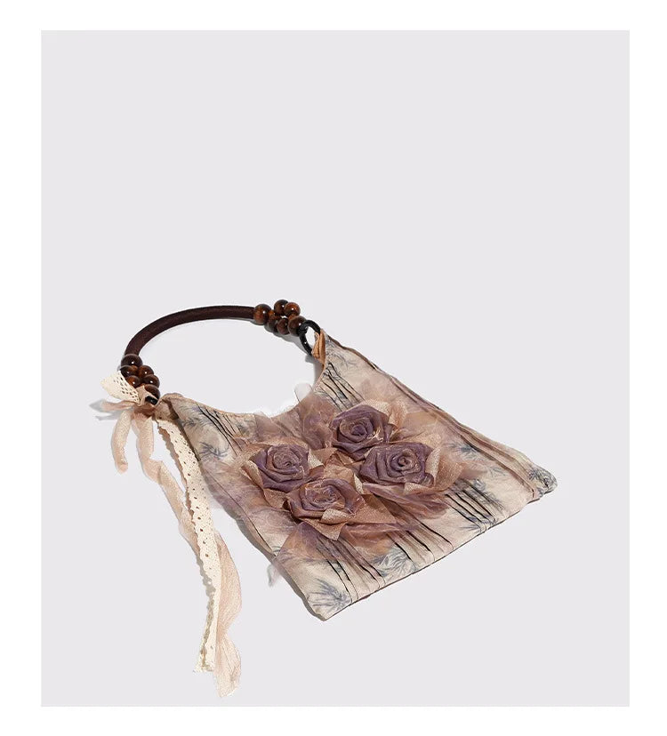 Chinese Style Rose Decor Shoulder Bag - Classic Pleated Commuter Tote Bag - JStorehub 