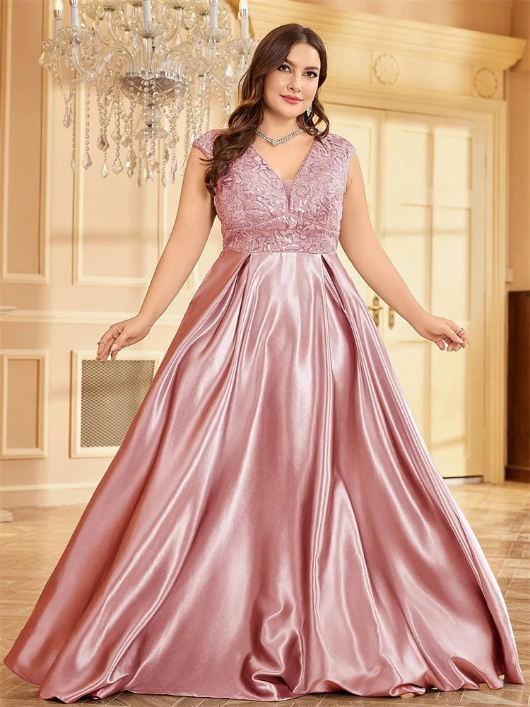 Blueplum Plus Size Gold Satin V-Neck Sequin Evening Dress 2025 - JStorehub 