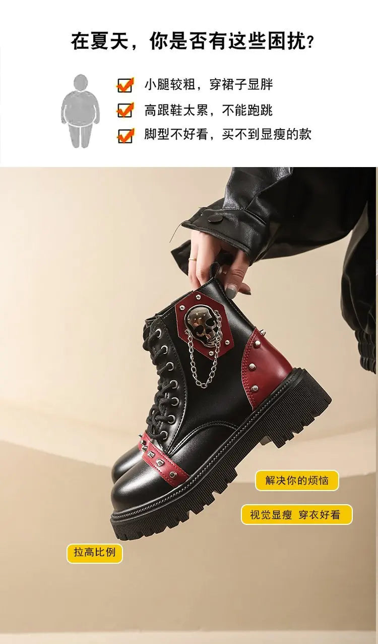 Women's Punk Ankle Boots - Platform Buckle Lace-Up Block Heel Shoes - JStorehub 