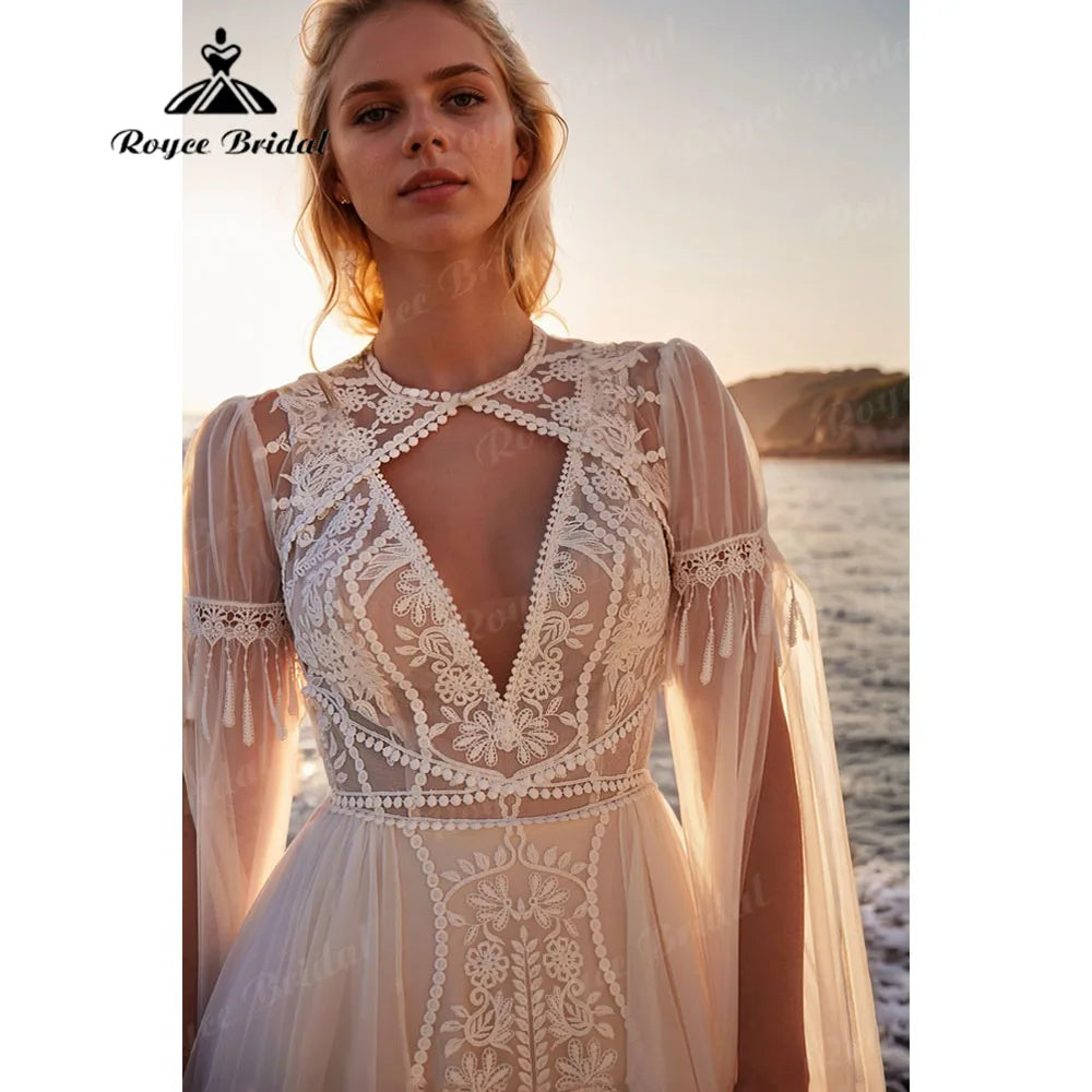 Hippie Flowy Lace Boho Wedding Dress with Cape - Backless Bohemian Bridal Gown - JStorehub 