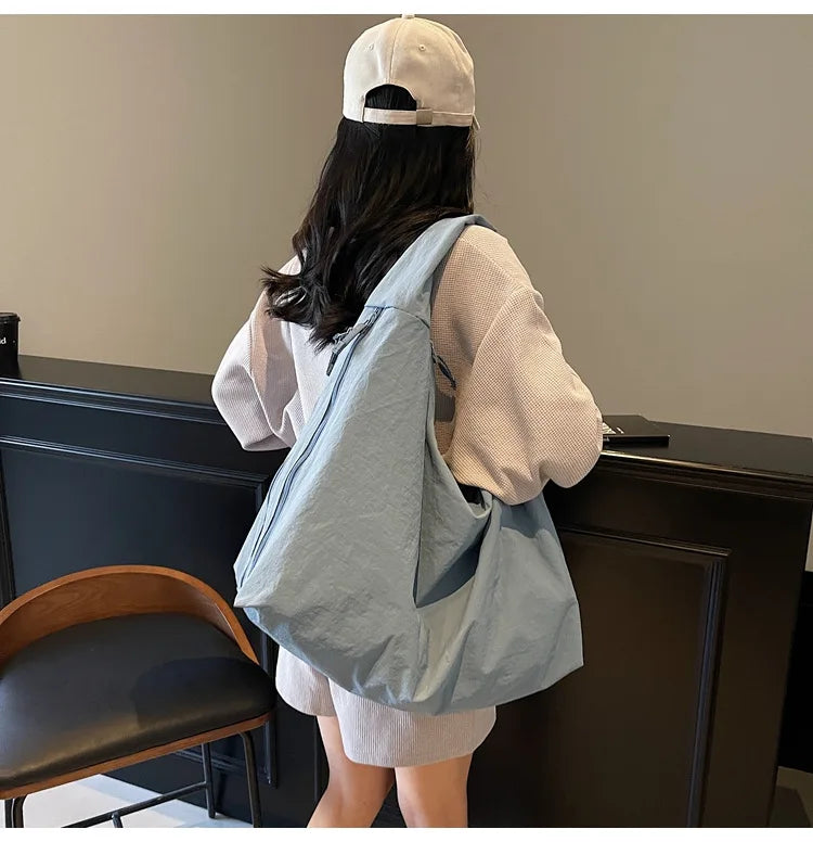 Chic Solid Color Nylon Tote Bag with Multiple Pockets - Large Capacity Shoulder Bag