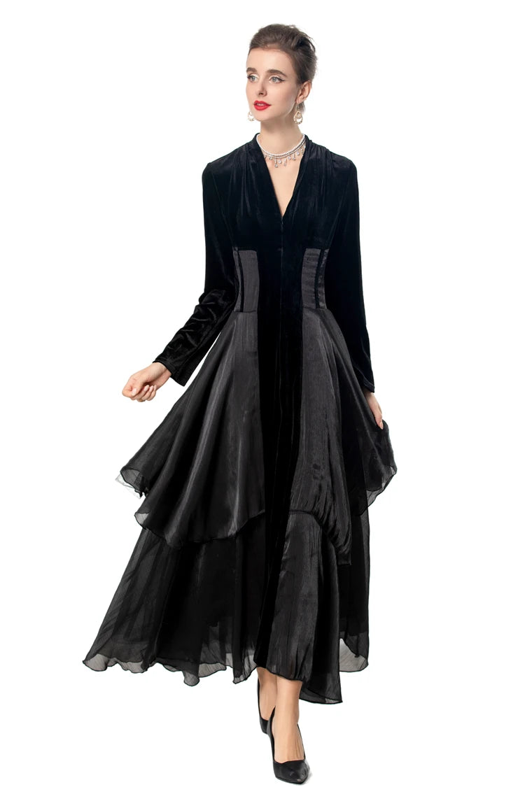 Women's Dresses Sexy V Neck Long Sleeves Velvet Patchwork Ruffles Elegant Fashion Designer Party Prom Gown - SalmanStore 