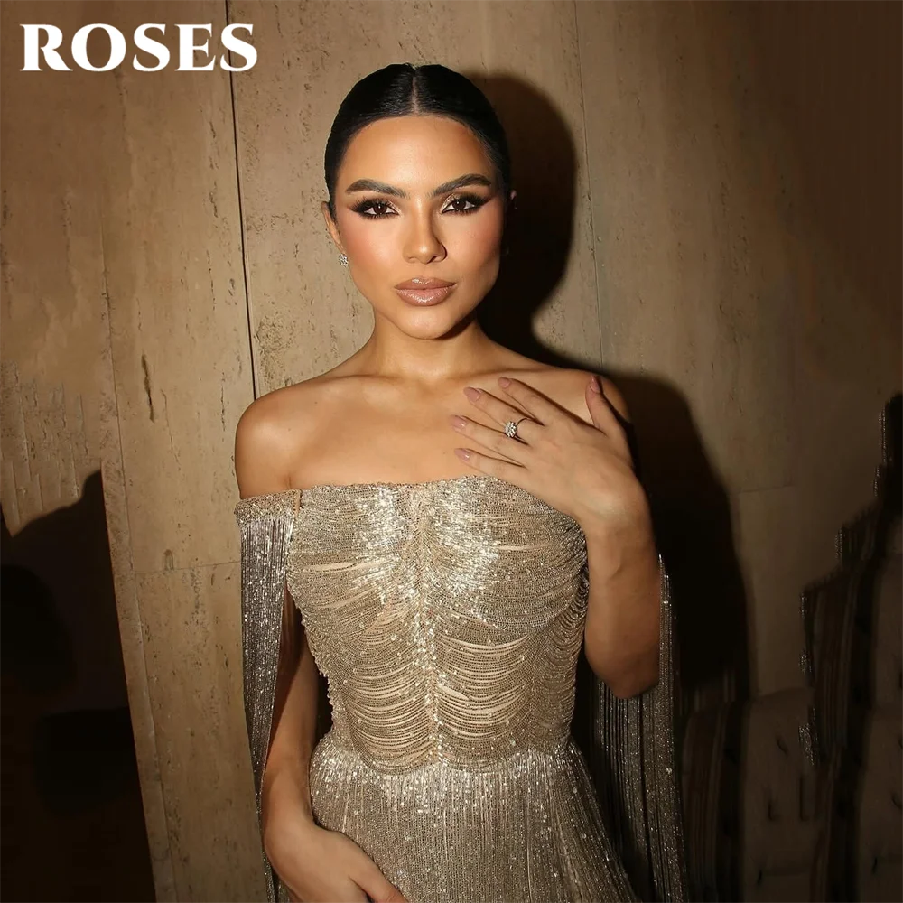 Roses Gold Luxury Off-Shoulder Tassel Mermaid Evening Dress - JStorehub 