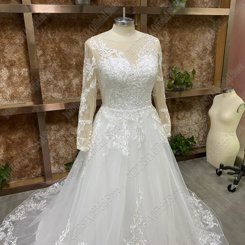 Elegant O-Neck Wedding Dress - Lace-Up A-Line Applique Tulle Long Sleeve Gown - JStorehub 