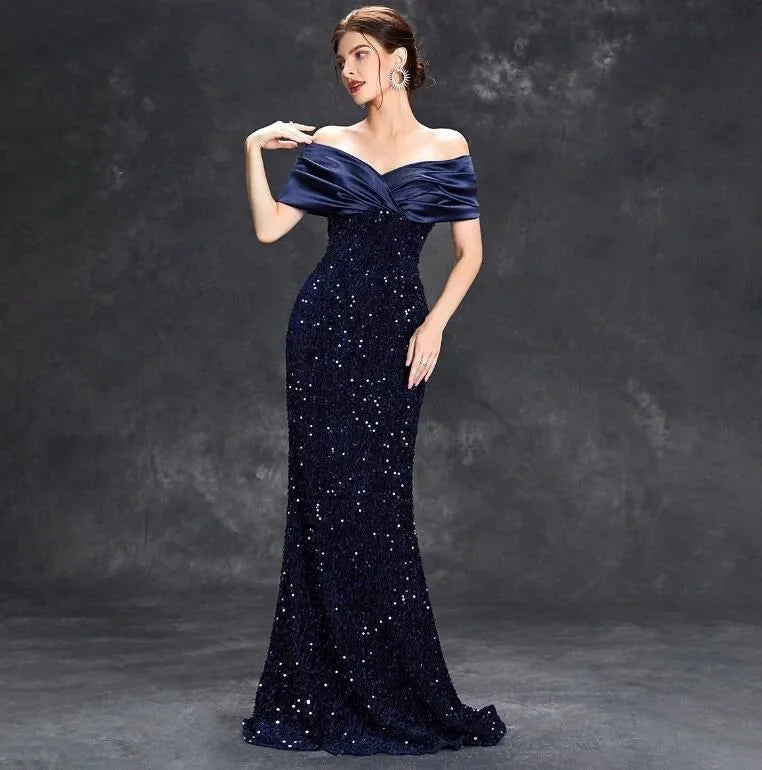 Slim Fit One Shoulder Sequin Evening Gown - A-Line Floor Length Party Dress - JStorehub 