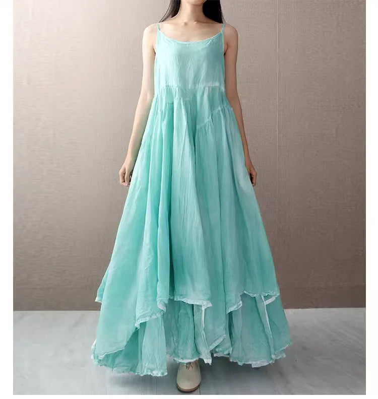 Summer Artistic Double Layer Linen Dress - Asymmetrical Hem Wide Waist - JStorehub 