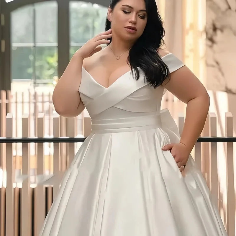 Plus Size Satin Off‑Shoulder Wedding Dress - SalmanStore 
