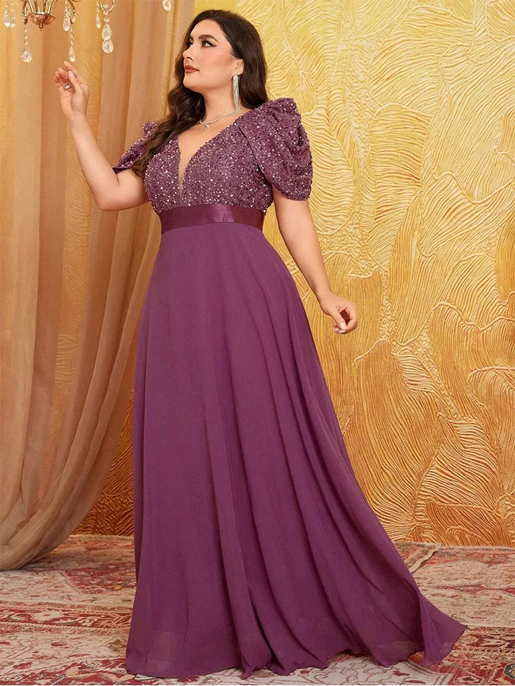 Plus Size Lotus Pink Sparkling Puff Sleeve Evening Dress 4XL 5XL - JStorehub 