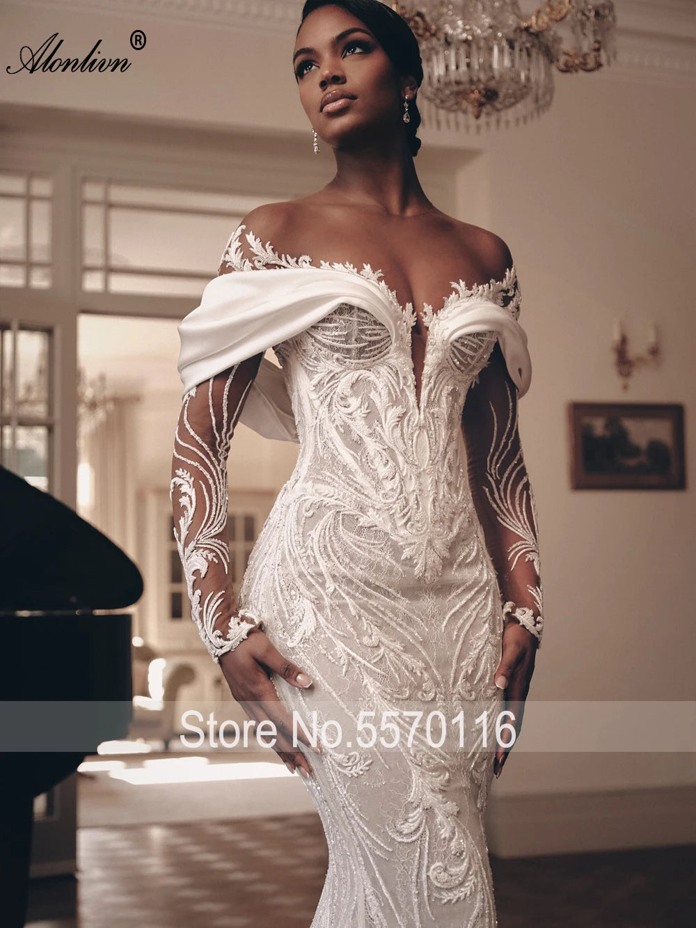 Luxury 2-in-1 Lace Mermaid Wedding Dress - Beading Illusion Neck Bridal Gown - JStorehub 