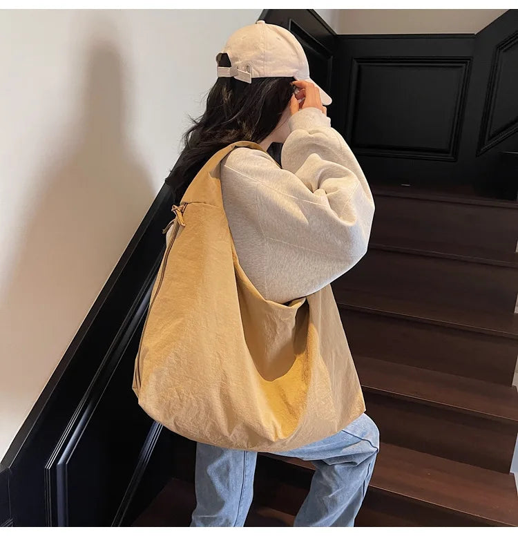 Chic Solid Color Nylon Tote Bag with Multiple Pockets - Large Capacity Shoulder Bag