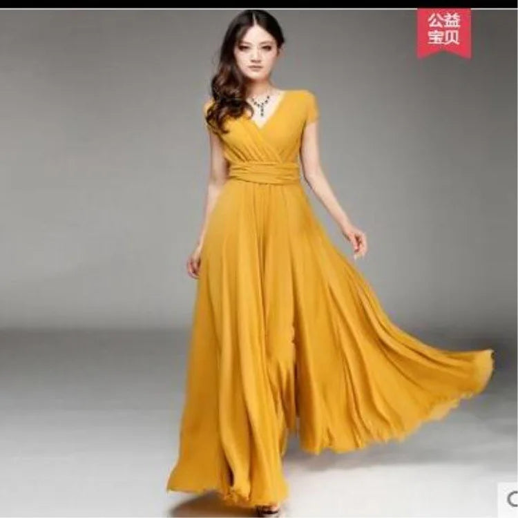 Women's Short Sleeve Chiffon Evening Dress - Bohemian Party Long Gown - JStorehub 