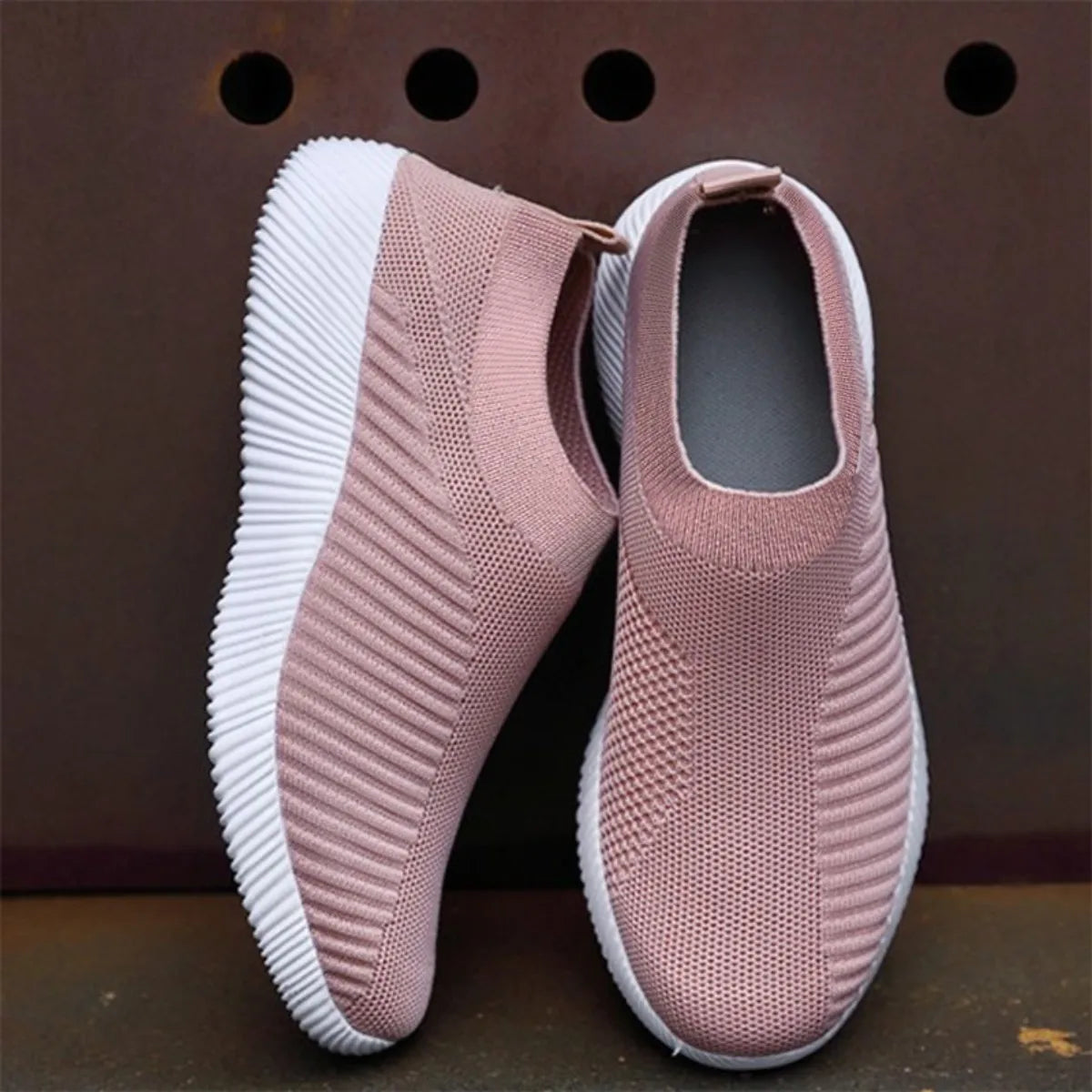 Women's Pink Mesh Sneakers - Breathable Flying Woven Slip-On Walking Shoes - JStorehub 