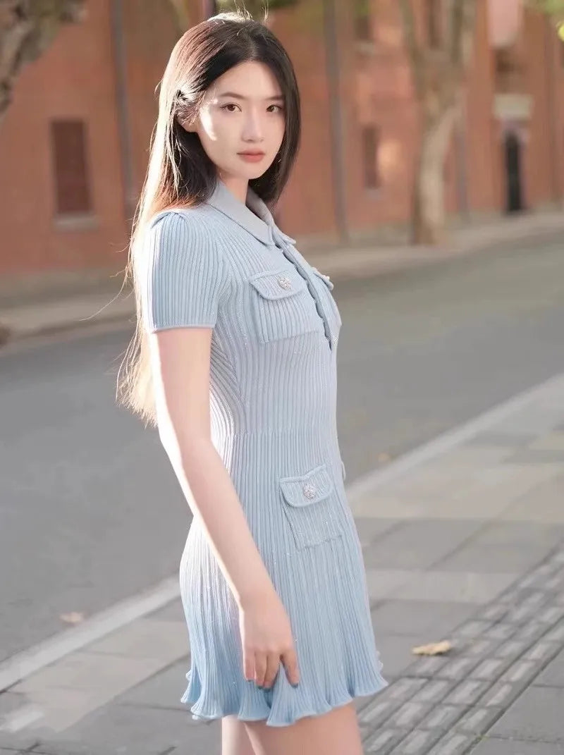 Women Dresses - Polo Neck Knitted Dress Y2K - Salman Store