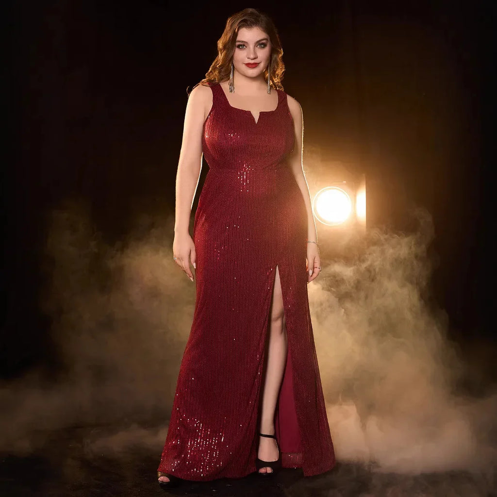 Plus Size Sexy Backless V-Neck Sequin Evening Gown - Dance Party Dress - JStorehub 