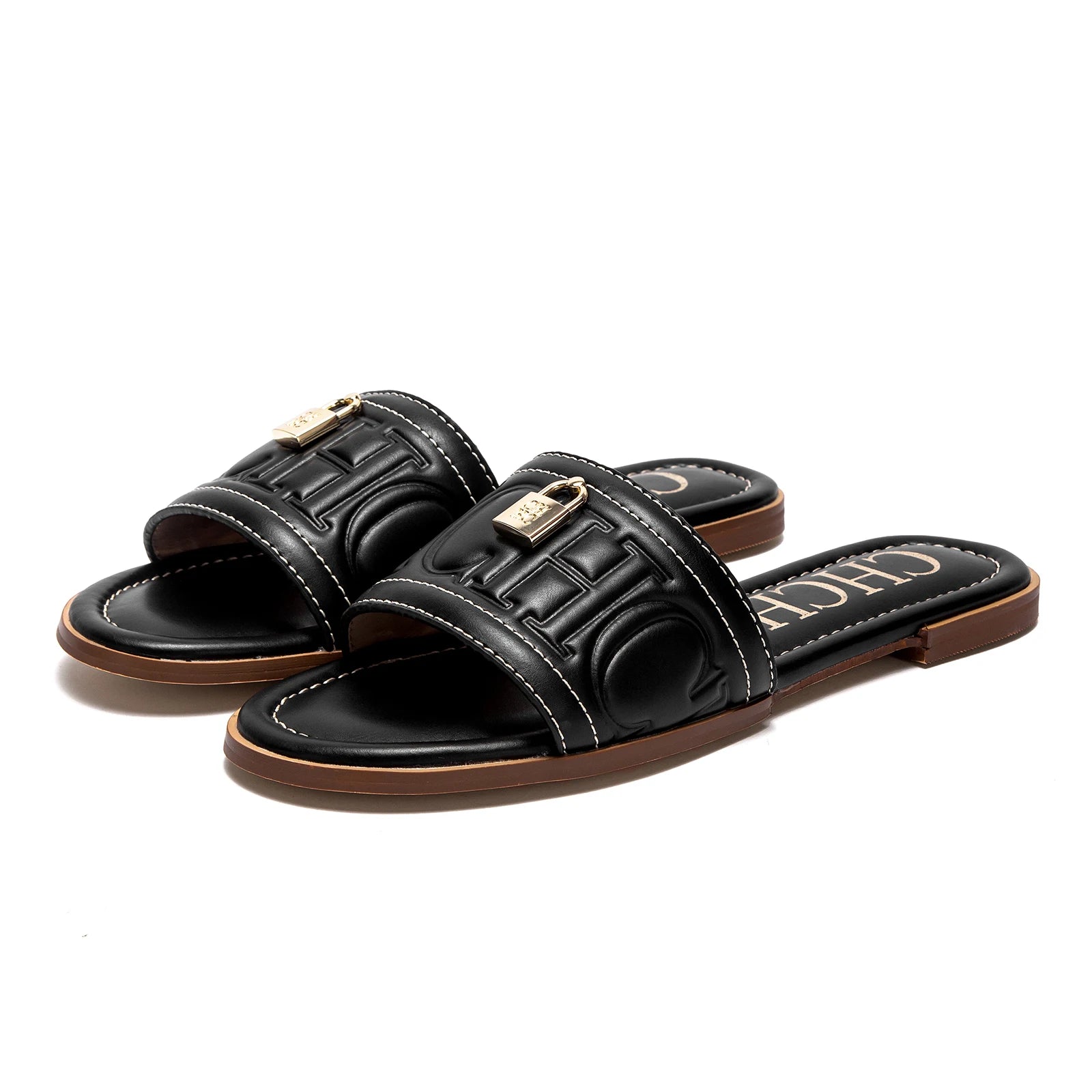 Women's Solid Color Embossed Flat Sandals - Simple Fashion Summer Slippers - JStorehub 