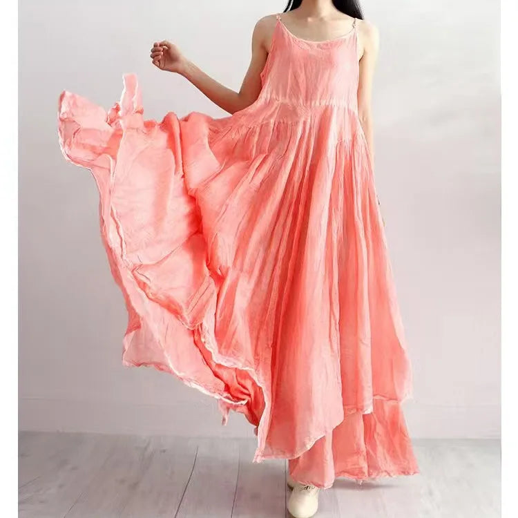 Summer Artistic Double Layer Linen Dress - Asymmetrical Hem Wide Waist - JStorehub 