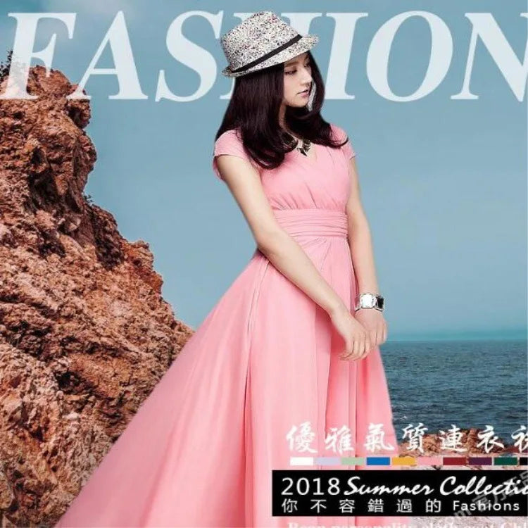 Women's Short Sleeve Chiffon Evening Dress - Bohemian Party Long Gown - JStorehub 