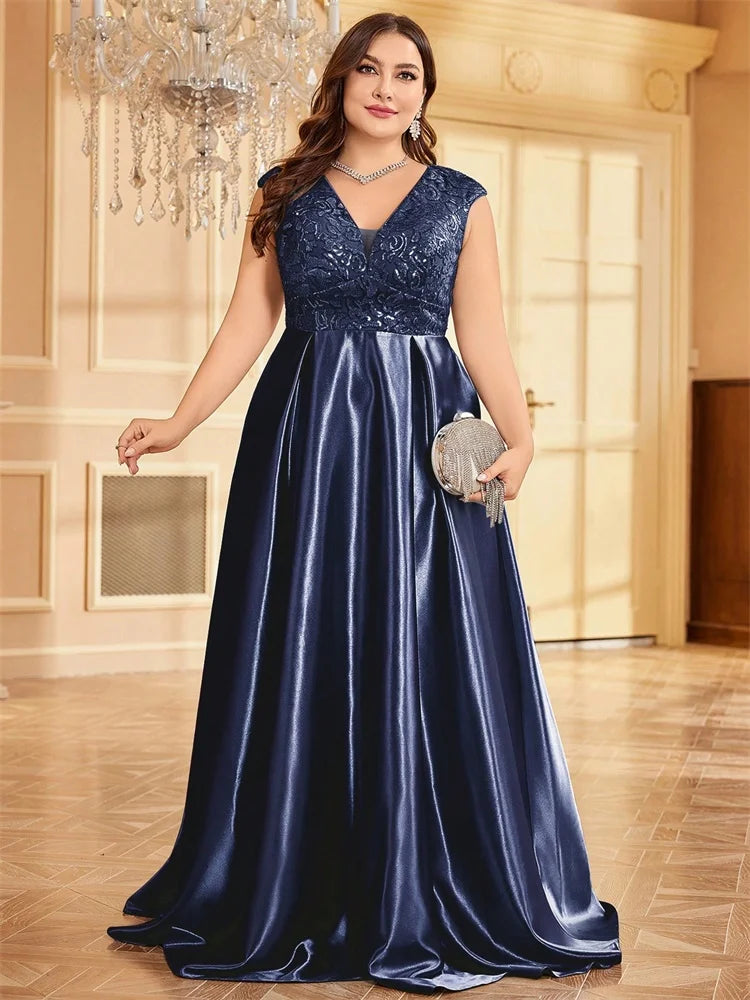 Blueplum Plus Size Gold Satin V-Neck Sequin Evening Dress 2025 - JStorehub 