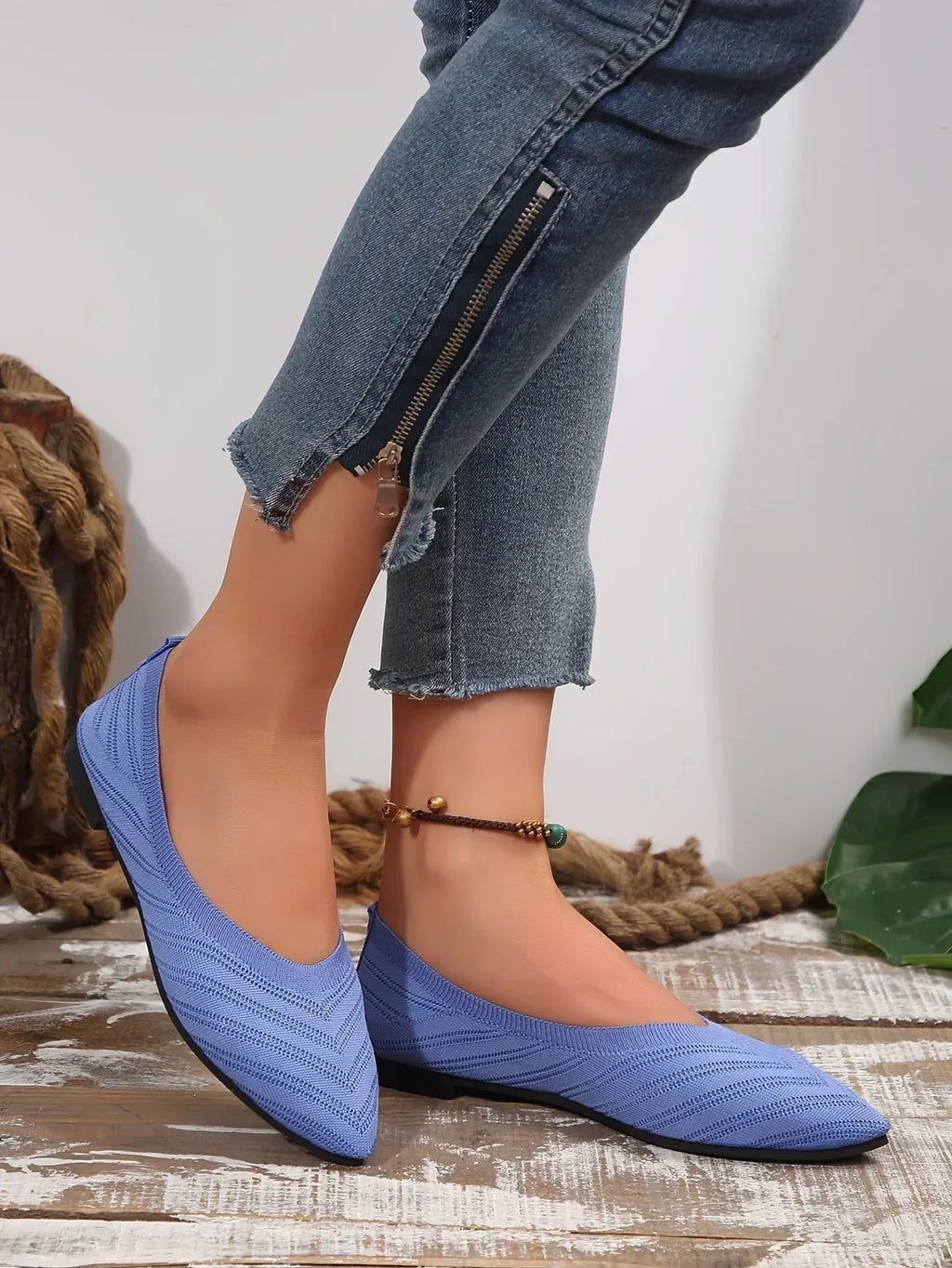 Apricot Knitted Pointed Toe Flat Shoes for Women - Slip-On Comfort