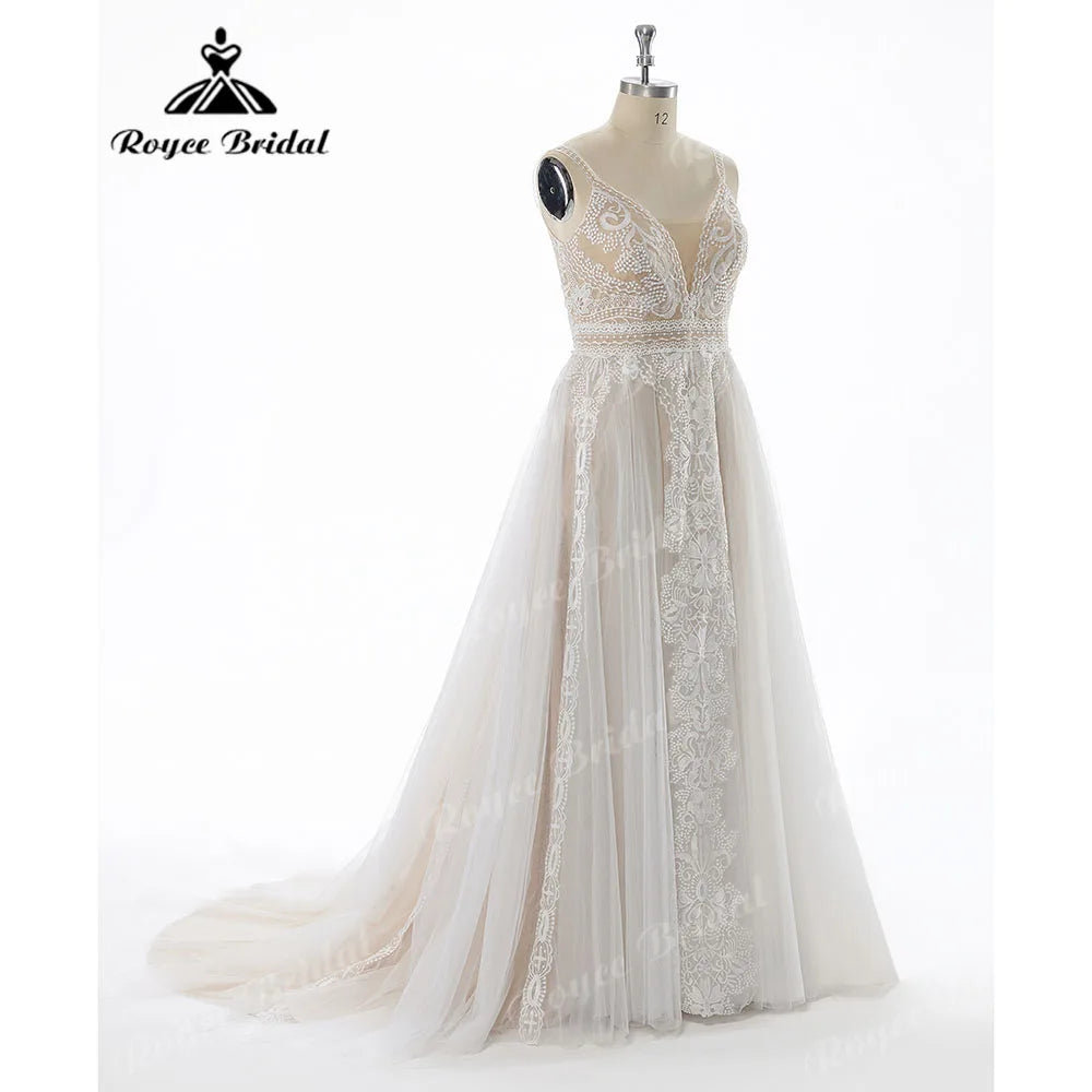 Boho Beach Lace Wedding Dress 2026 - V-Neck Backless Summer Bridal Gown - JStorehub 