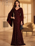 Elegant Chiffon Sequin Evening Dress - Round Neck Flared Cuffs Wedding Gown - JStorehub 