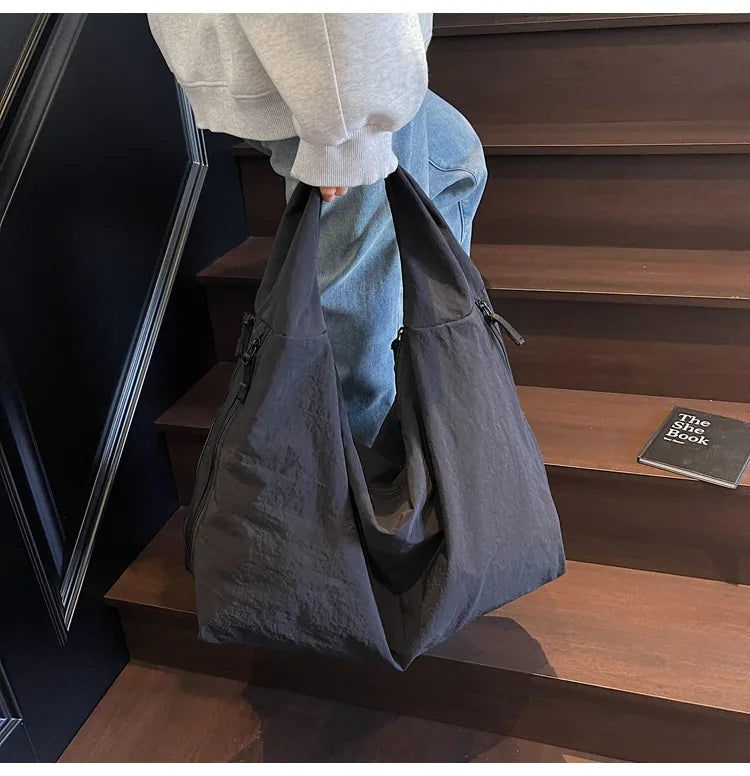 Chic Solid Color Nylon Tote Bag with Multiple Pockets - Large Capacity Shoulder Bag - JStorehub 