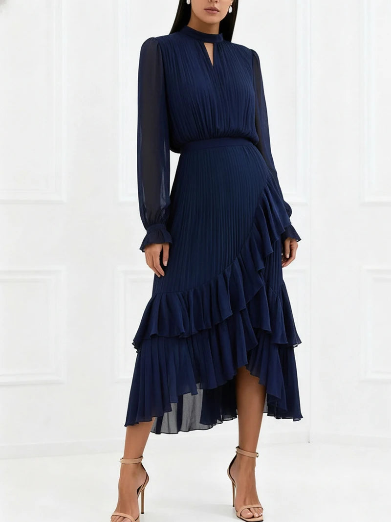 Ruffle Long Sleeve Layered A-Line Dress - Chic Spring Summer Pleated Gown