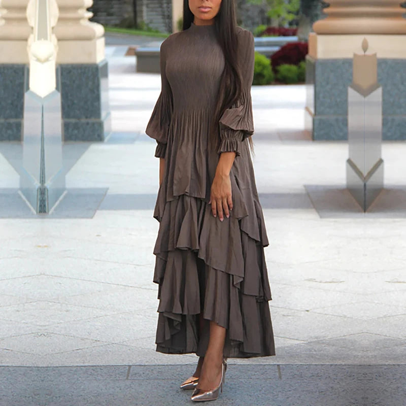 Miyake Pleated Lantern Sleeve Dress - Solid Color Lotus Edge Long Skirt - JStorehub 