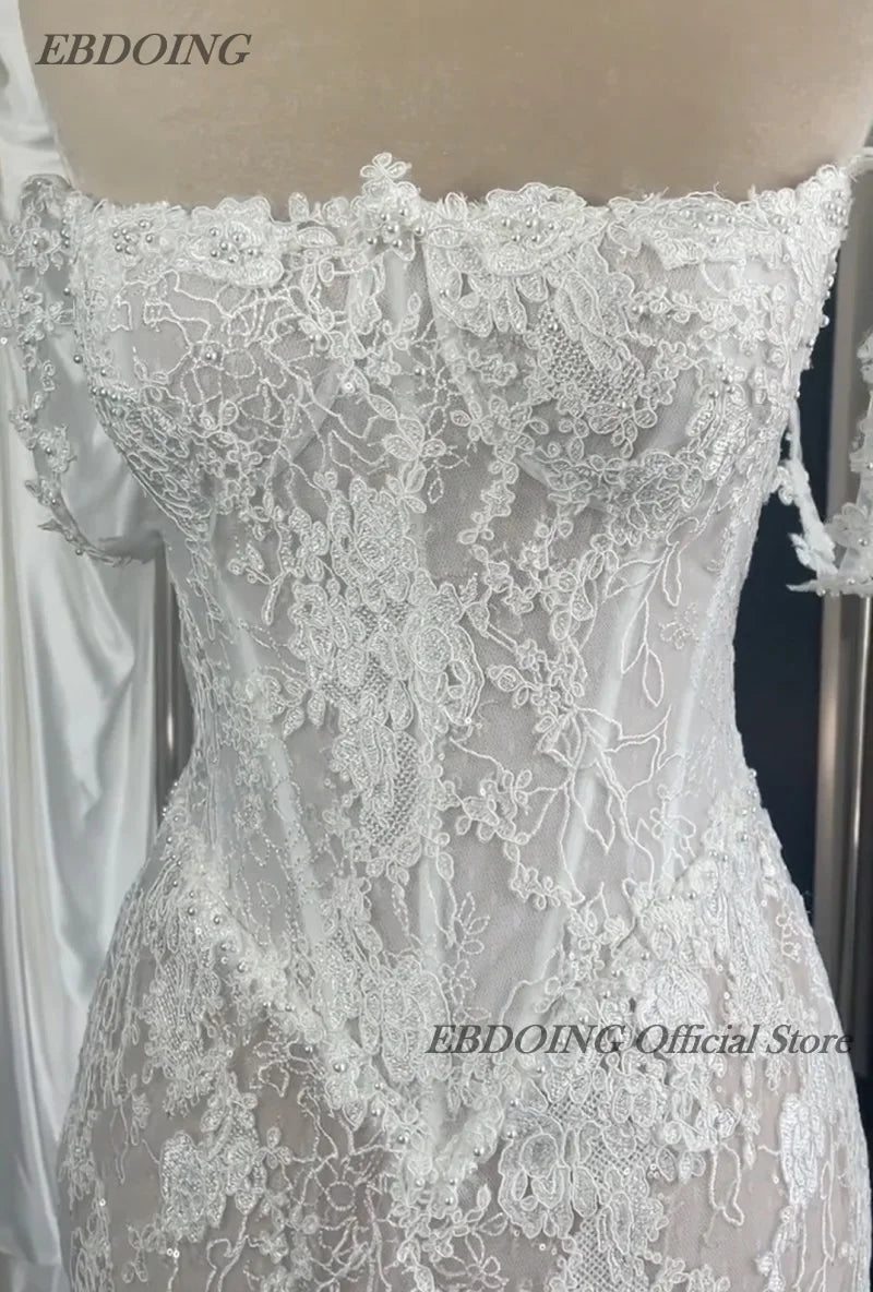 Mermaid Lace Wedding Dress - Boat Neck Basque with Beading Customized Bridal Gown - JStorehub 