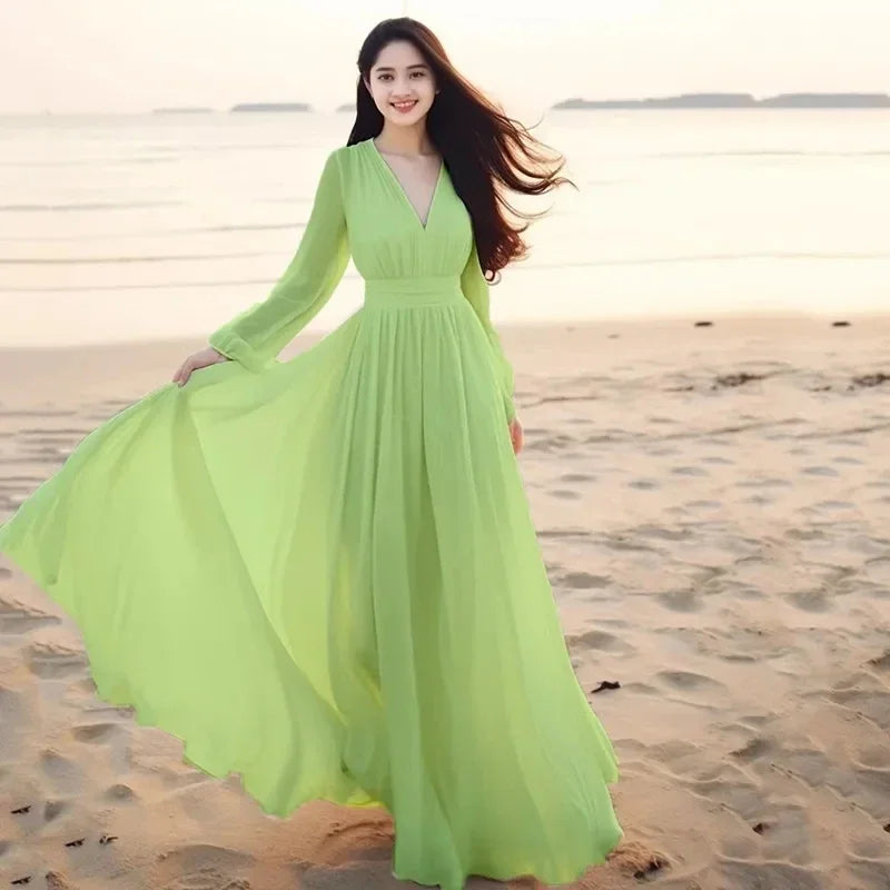 Beach Chiffon Long Sleeve Dress - Spring Summer Vacation Elegant Gown - JStorehub 