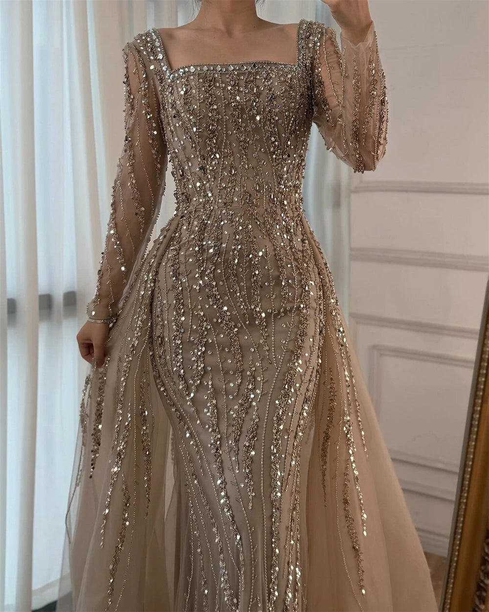 Customized Mermaid Tulle Evening Dress - Square Collar Homecoming Gown - JStorehub 