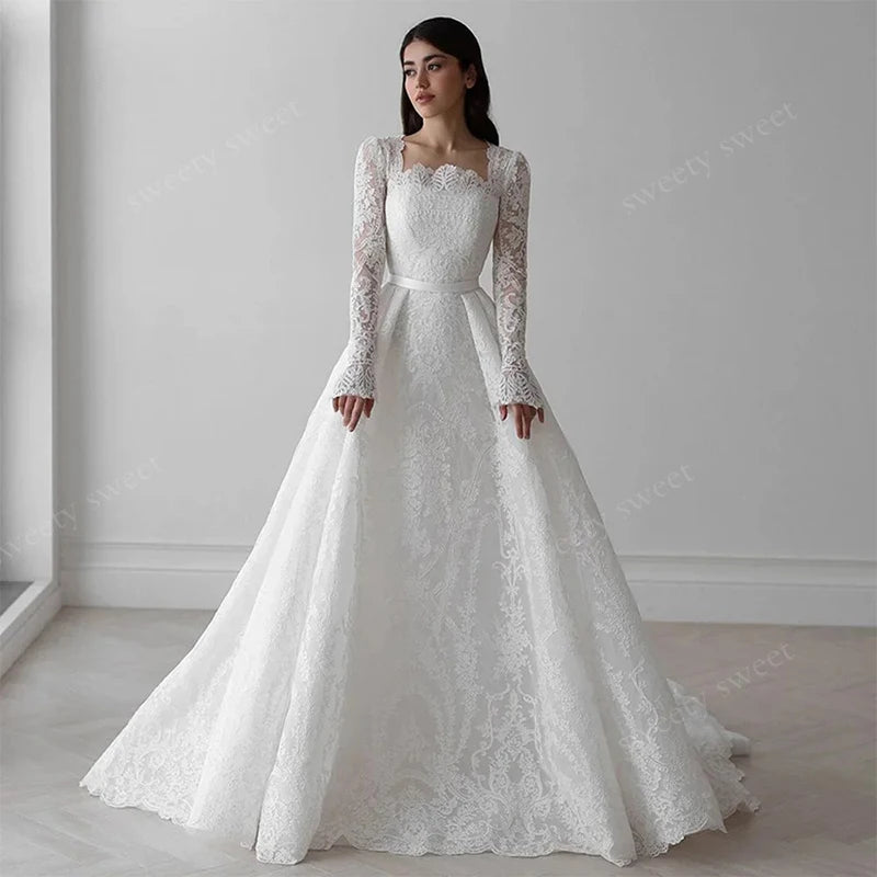 Graceful Organza Wedding Dress with Embroidery - A-Line Ball Gown Full Sleeve - JStorehub 