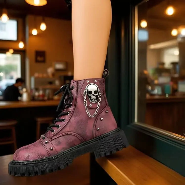 Women's Punk Ankle Boots - Platform Buckle Lace-Up Block Heel Shoes - JStorehub 