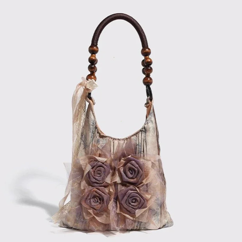Chinese Style Rose Decor Shoulder Bag - Classic Pleated Commuter Tote Bag - JStorehub 