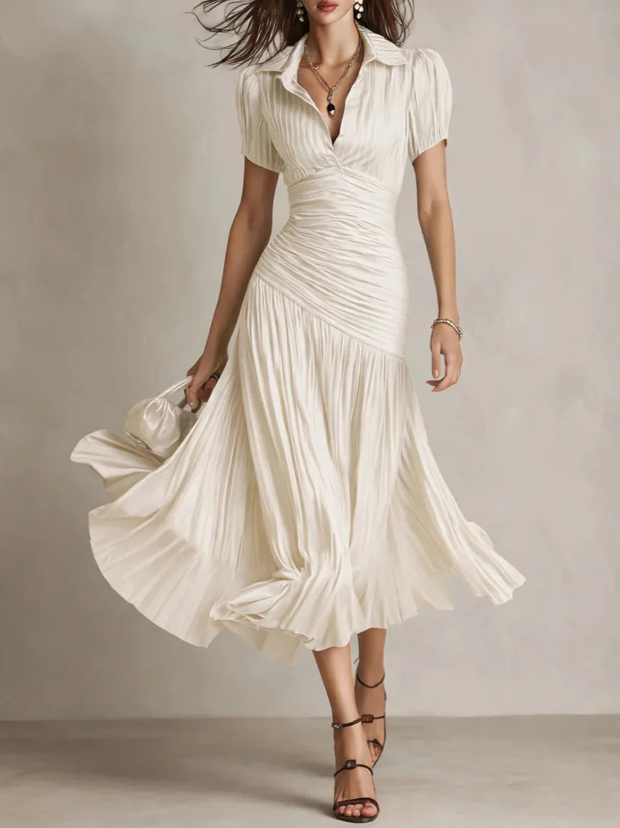 Elegant Satin A-Line Shirt Dress - Lapel High Waist Pleated Long Dress - JStorehub 