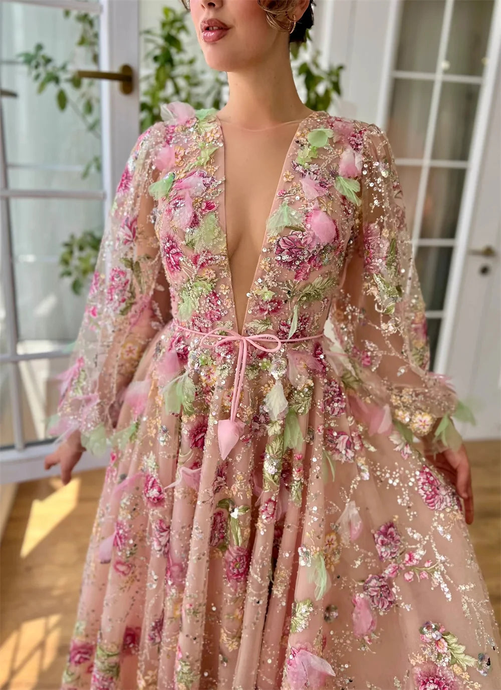 Customized Pink V-Neck Wedding Dress 2025 - JStorehub 