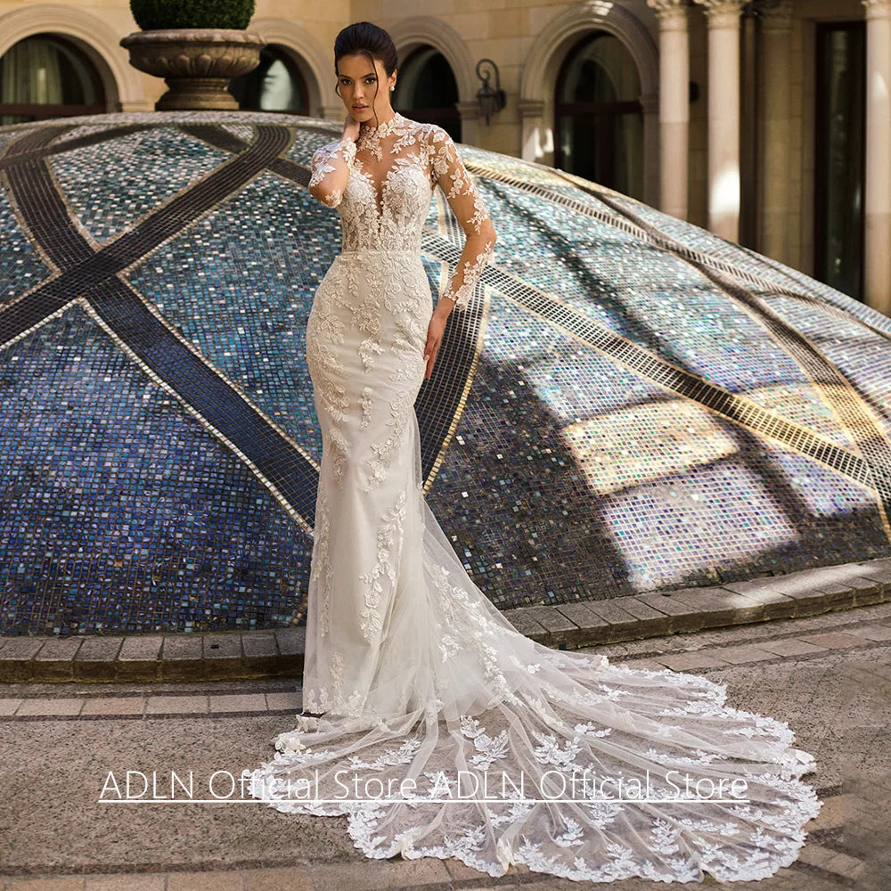 Court Train Mermaid Wedding Dress - Customized Long Sleeve Illusion Lace Bridal Gown - JStorehub 